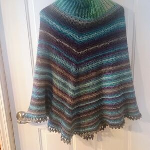 Striped Knit Poncho in Blue and Green